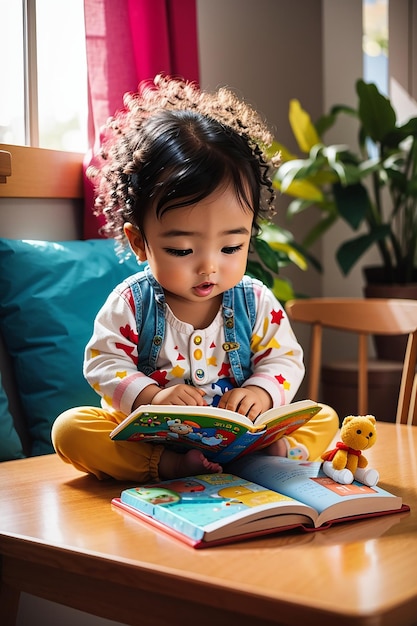 a baby reading book on table ai image