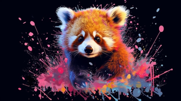 Baby red panda Colorful splashes anime style Black Generative Ai