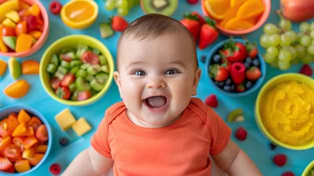 A baby in a red shirt