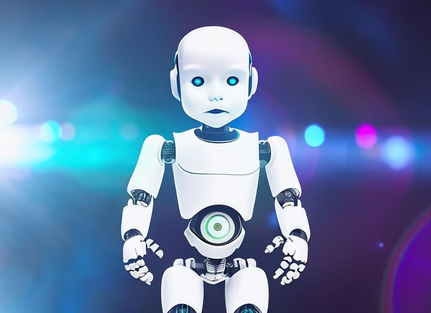 Photo baby robot on abstract science fiction futuristic background lens flare concept