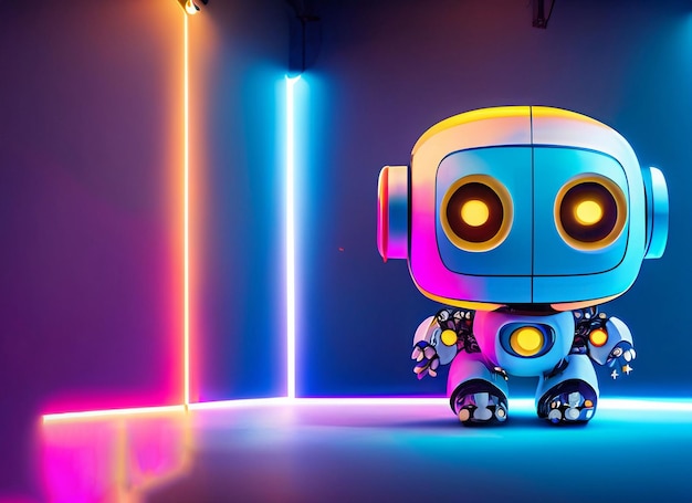 Baby robot on sci fi grunge damaged metallic corridor background with neon light