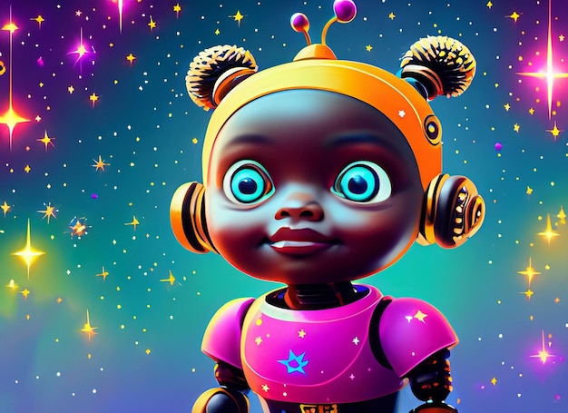 Baby robot stars and stardust illustration surreal fantasy universe