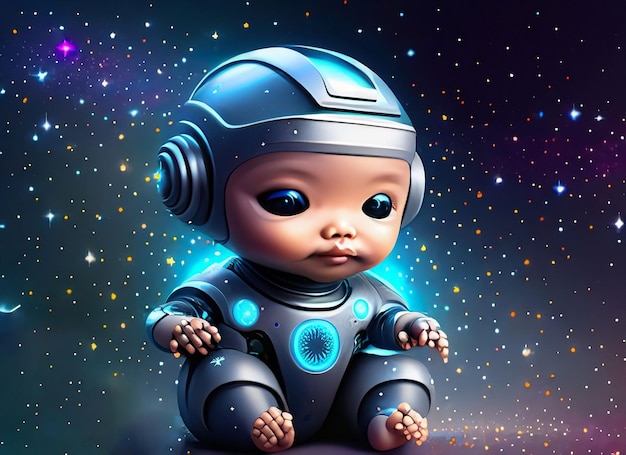 Baby robot stars and stardust illustration surreal fantasy universe