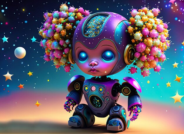 Baby robot stars and stardust illustration surreal fantasy universe