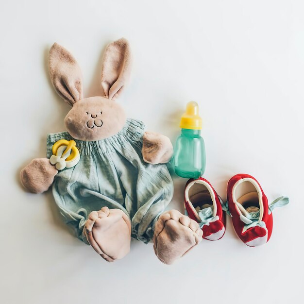 Photo baby rompers shoes feeding bottle pacifier and toy bunny isolated on white background