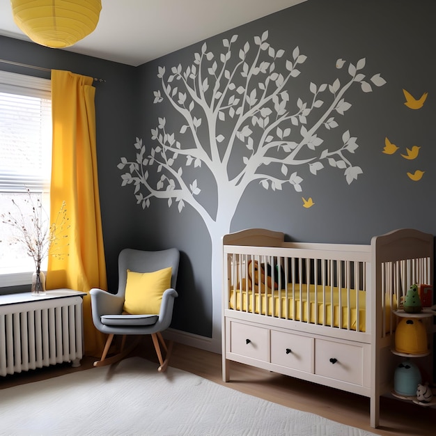 детская комната с большим окном, серыми стенами и желтым деревом