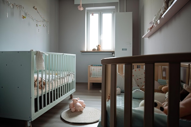 Baby room with closeup of crib and baby doll visible in the background created with generative ai