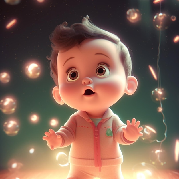 A baby in a room with lights and a baby in a pink outfit.