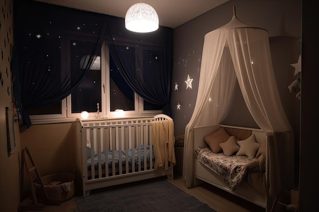 Детская комната с видом на звезды и луну для ночного сна, созданная с помощью генеративного искусственного интеллекта