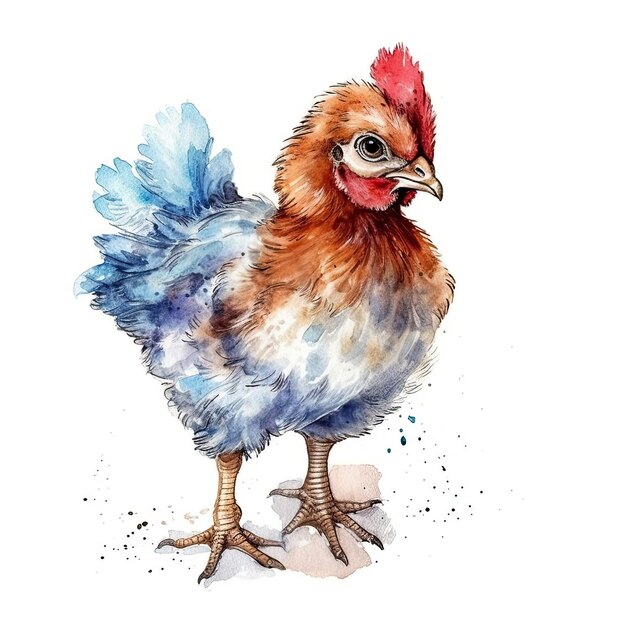 Baby Rooster watercolor with ink outline on white background high detailed generative AI