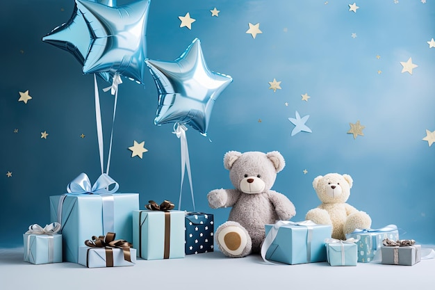 Photo baby s birthday party with decorations gifts toys balloons and blue wall