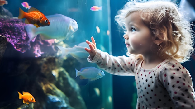 사진 아기가 수족관에서 다채로운 물고기를 처음 만났을 때