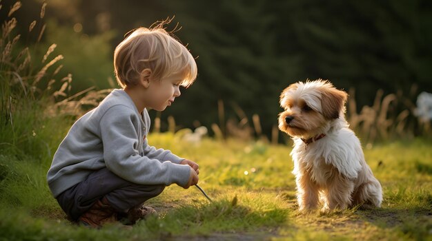 写真 赤ちゃんが友好的な犬と初めて出会う