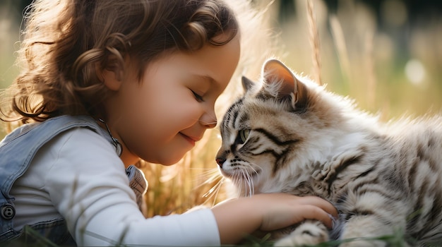 Foto il primo incontro del bambino con un gatto gentile