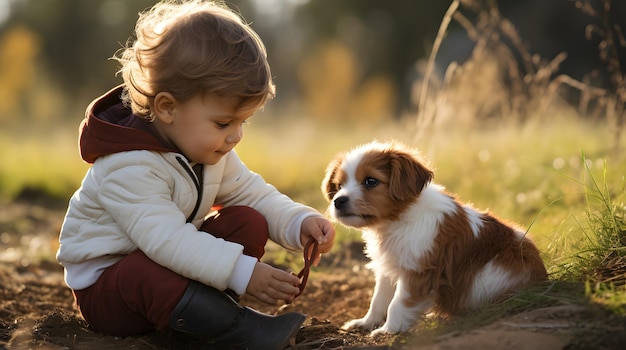 Foto il primo incontro del bambino con un piccolo cane amichevole