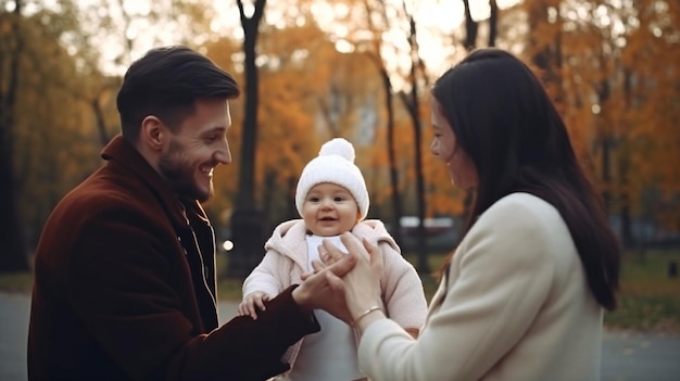 The baby's hands are in the parents' Generative AI a joyful family in the park