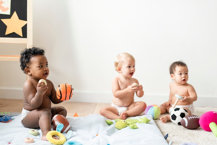 Foto baby&#39;s in luiers die samen spelen