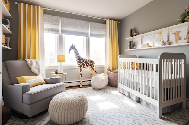 A baby's nursery with a giraffe in the window.