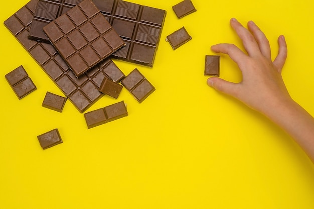 ベビーペンがミルクチョコレートのスライスに手を伸ばす