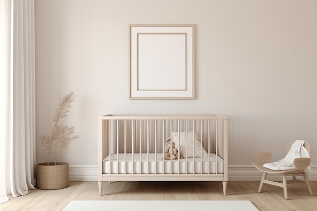 A baby's room with a crib and a teddy bear Generative AI Empty frame on a wall mockup