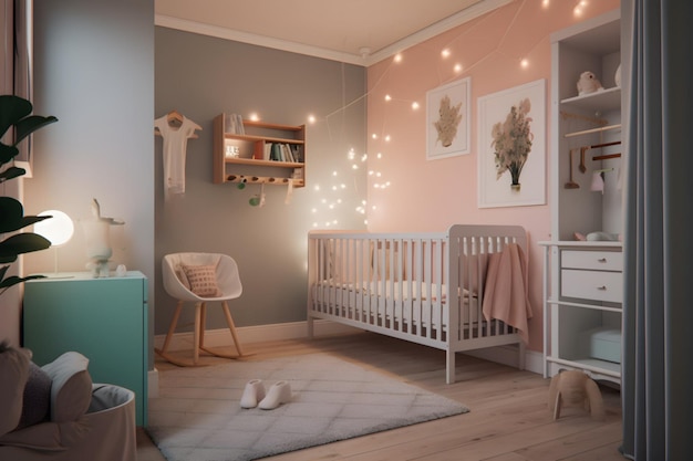 A baby's room with a white crib and a white dresser with a white blanket on it.