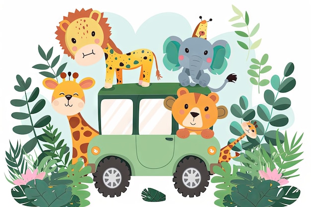 Baby safari animals in jeep illustration