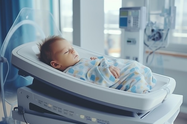 A baby on the scales in a hospital