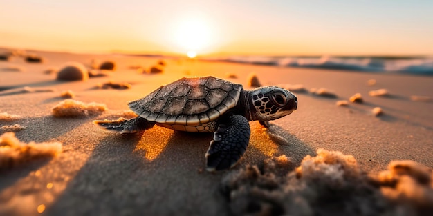 Baby sea turtle crawling on the beach towards the ocean with the sun setting in the background generative ai