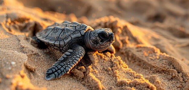 Baby sea turtle making its way to the ocean at sunrise