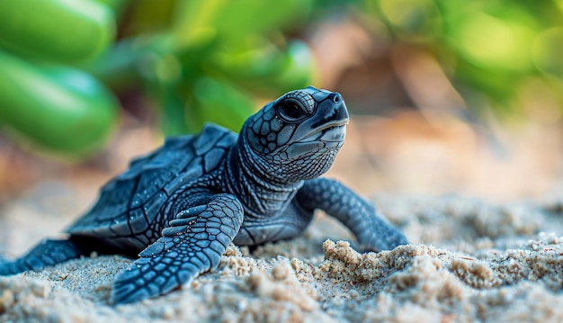 Baby sea turtle making its way to the ocean at sunrise