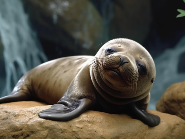 A baby seal is laying on a rock.