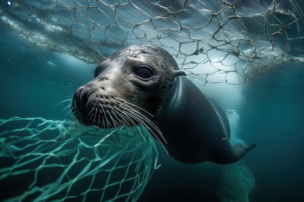 北太平洋の水中写真に浮かぶプラスチックの破片に閉じ込められたアザラシの赤ちゃん