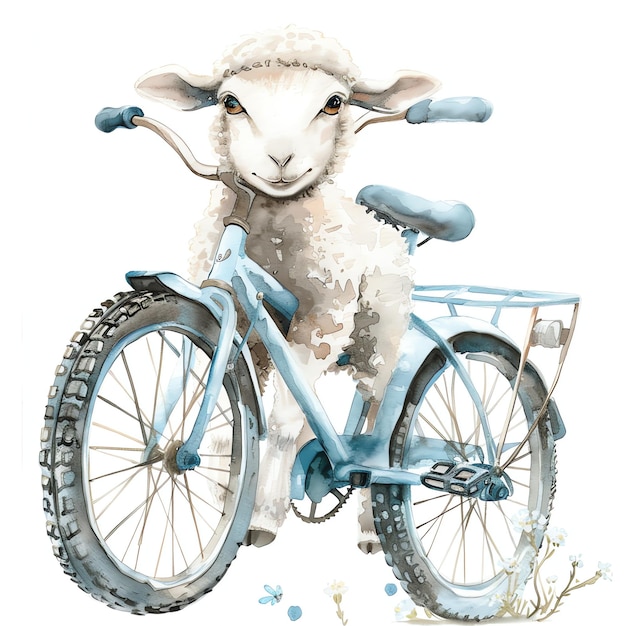 baby sheep on blue bike illustration watercolor for nursery for wall art decor