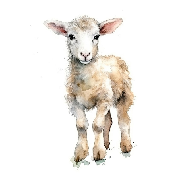 Baby Sheep watercolor with ink outline on white background high detailed generative AI