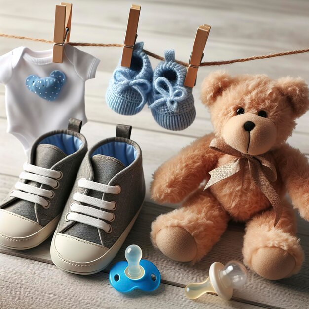 Baby shoes pacifier and teddy bear on clothline