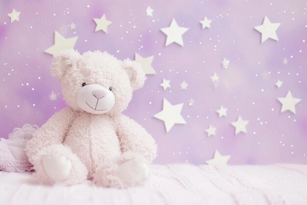 Baby shower party invitation with little teddy bear pastel pink white stars