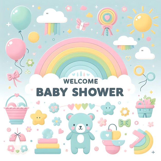 Photo a baby shower with a rainbow and teddy bear on the top