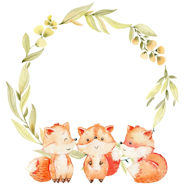 Photo baby shower wreath watercolor woodland card with foxes