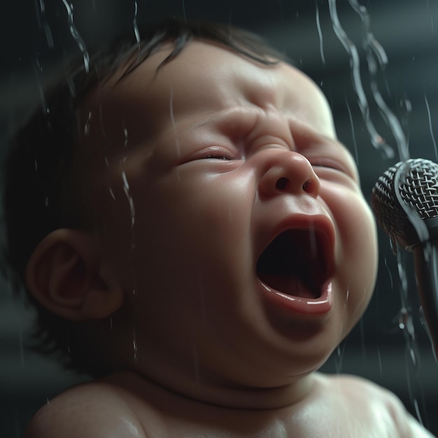 A baby singing into a microphone in the rain.
