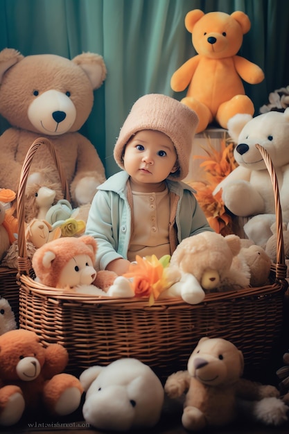 A baby sits in a basket surrounded by stuffed animals