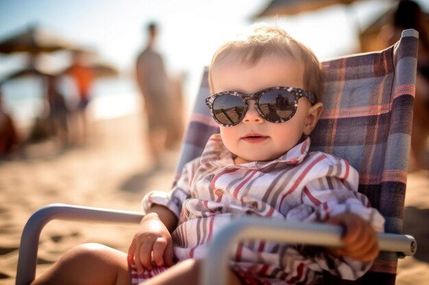 Baby sits in a chair on the beach wearing funky sunglasses summer