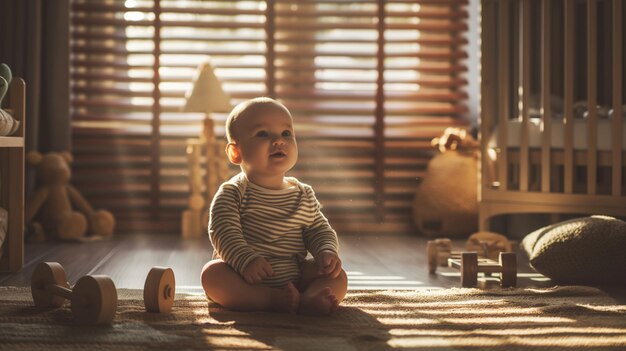 Photo a baby sits on the floor and looks at a small egg