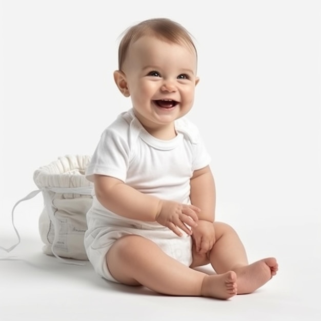 Photo a baby sits on the floor and smiles at the camera.