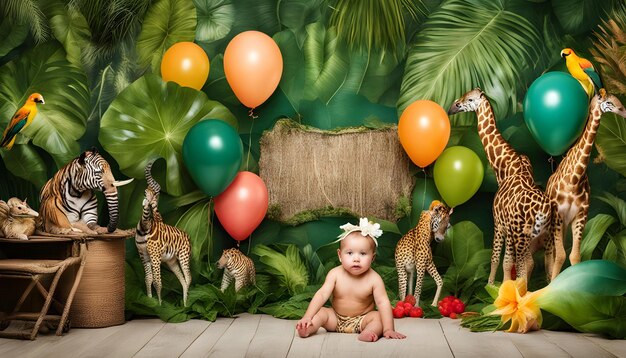 a baby sits in front of a wall with balloons and a baby