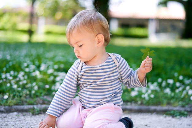 Baby sits on the path and holds a green leaf in his hand