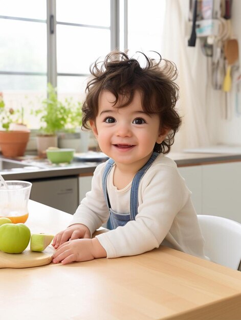 Photo a baby sits at a table with an apple on the table