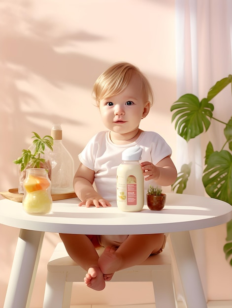 A baby sits at a table with a bottle of baby formula on it.