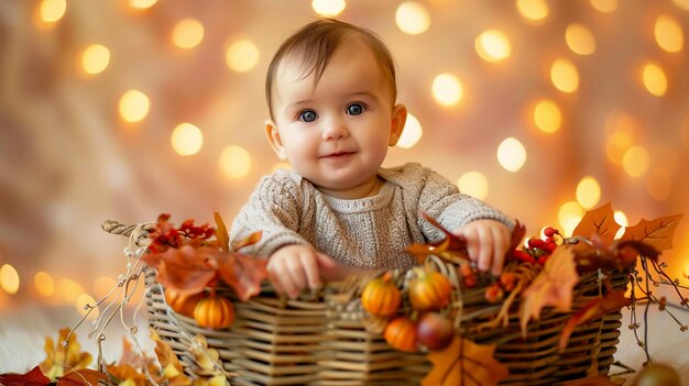 A Baby Sitting in a Basket with Autumnal Decorations