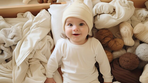 Baby Sitting on Bed of Stuffed Animals Baby Items