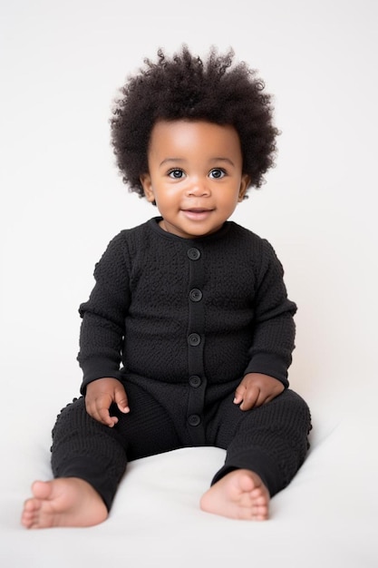 a baby sitting on a bed wearing a black outfit